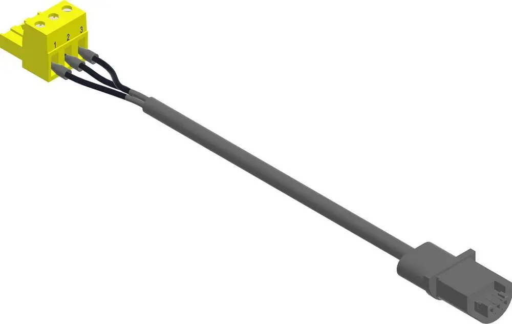 Gelbes Verbindungsstück mit drei Anschlusskabeln und grauem Stecker, dargestellt auf weißem Hintergrund. Produktelement von Bosch.
